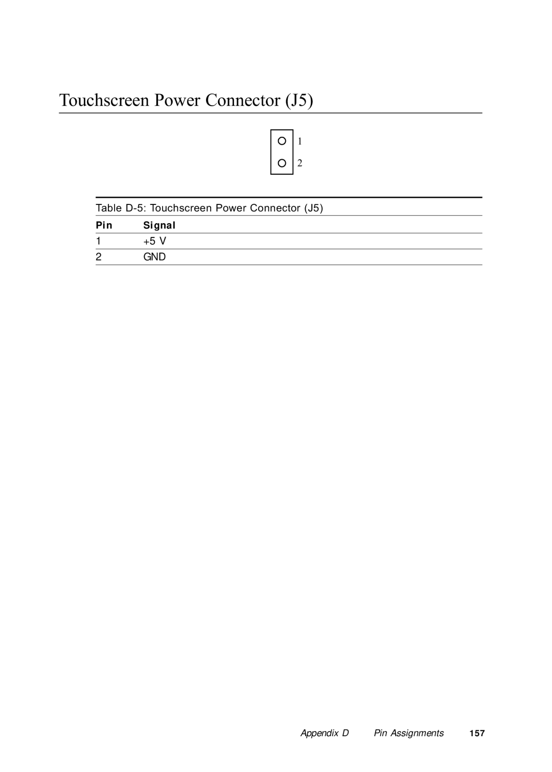 Advantech PPC-150 manual Touchscreen Power Connector J5 