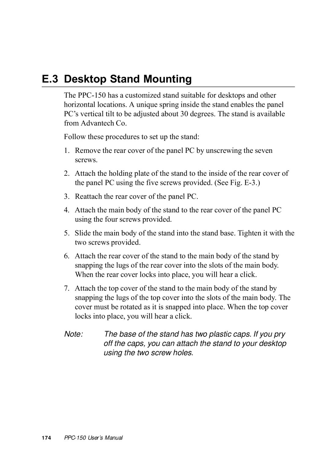 Advantech PPC-150 manual Desktop Stand Mounting, Using the two screw holes 