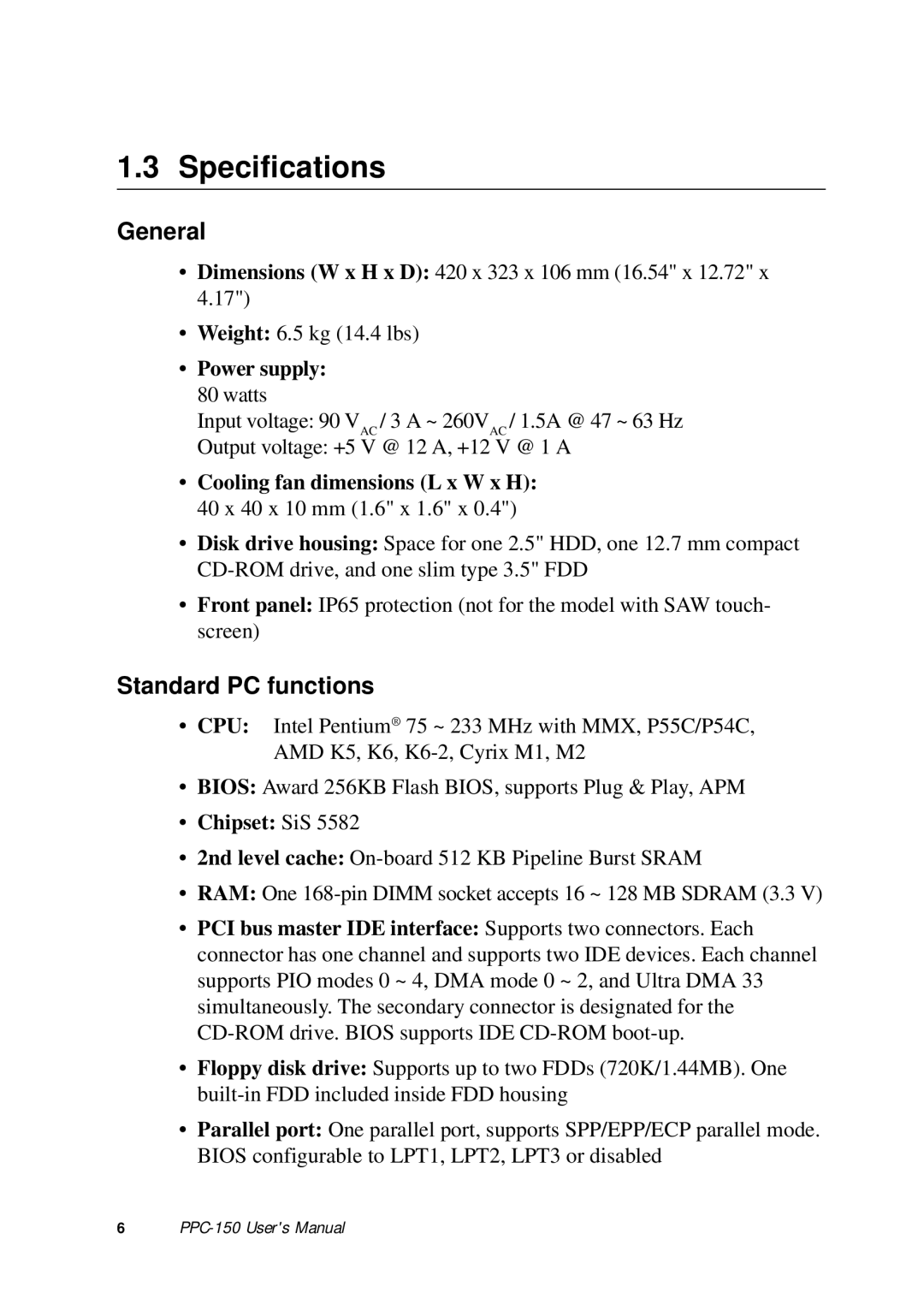 Advantech PPC-150 manual Specifications 