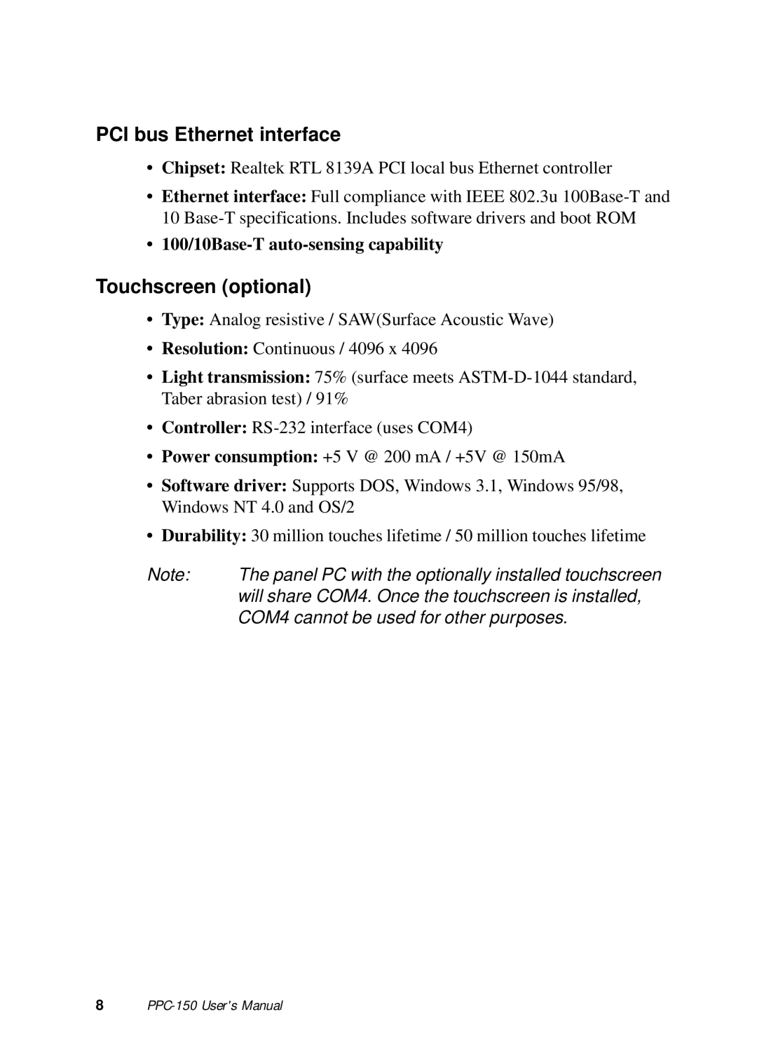 Advantech PPC-150 manual PCI bus Ethernet interface 