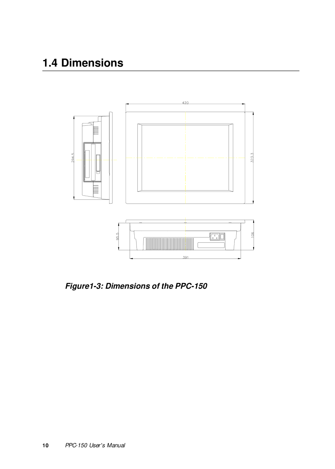 Advantech PPC-150 manual Dimensions 