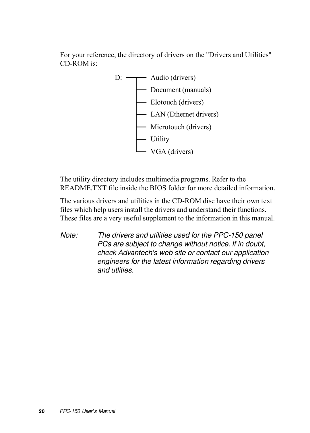 Advantech manual Drivers and utilities used for the PPC-150 panel 