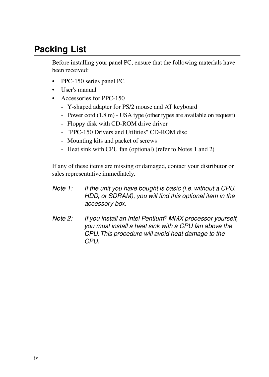 Advantech PPC-150 manual Packing List 