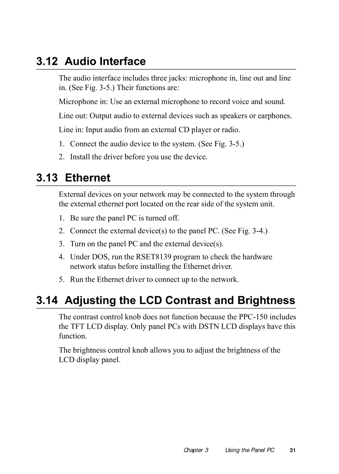Advantech PPC-150 manual Audio Interface, Ethernet, Adjusting the LCD Contrast and Brightness 