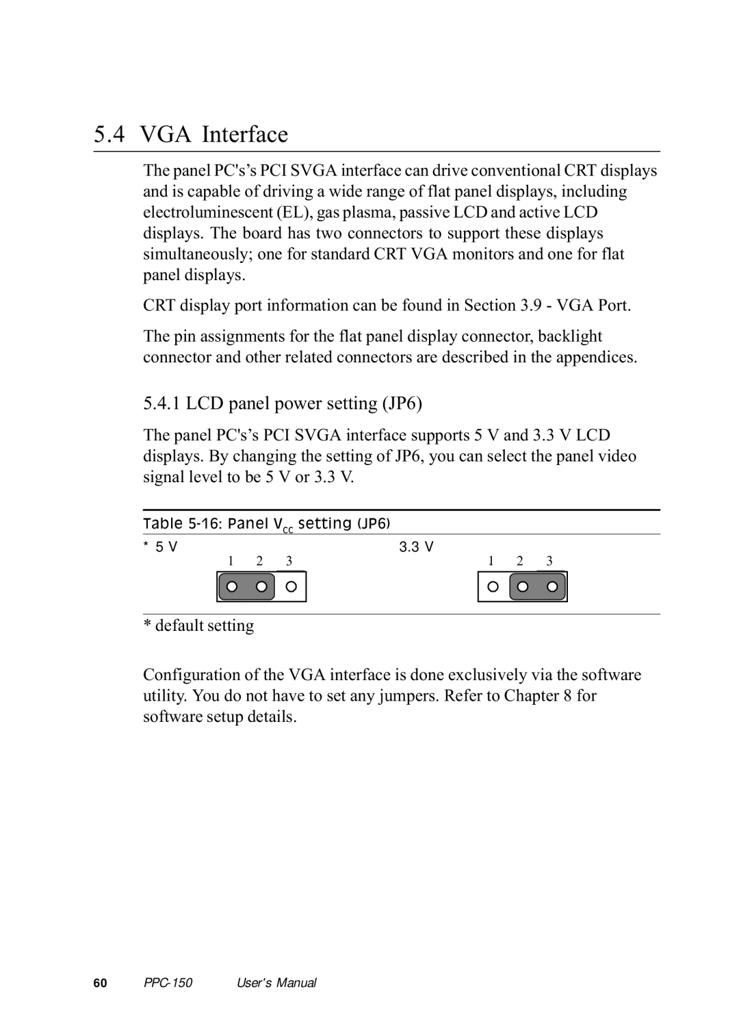 Advantech PPC-150 manual VGA Interface, LCD panel power setting JP6 