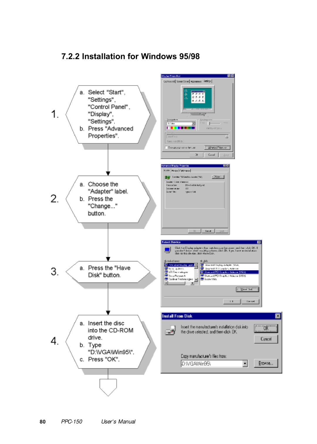 Advantech PPC-150 manual Installation for Windows 95/98 