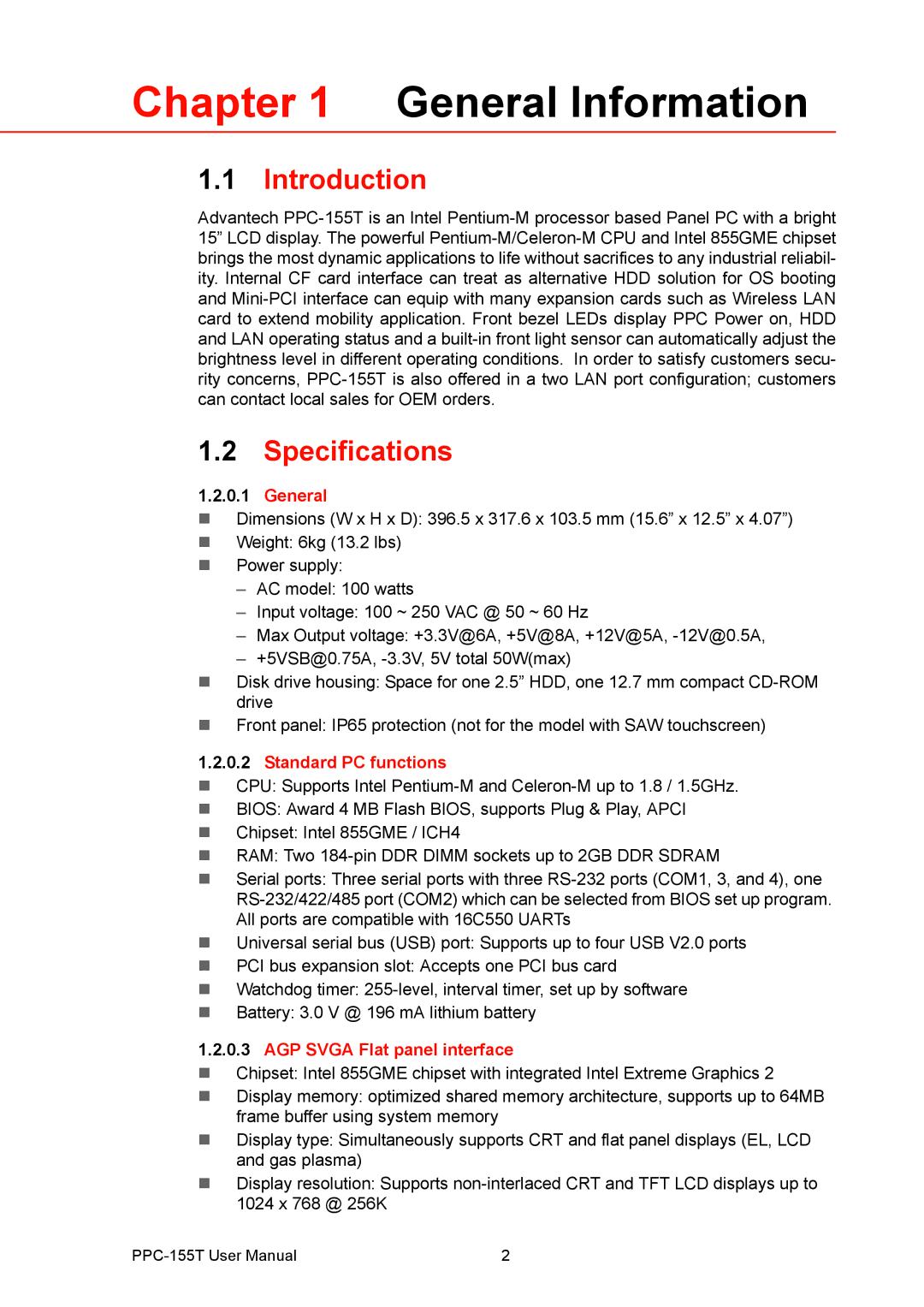 Advantech PPC-155T user manual General Information, Introduction, Specifications 