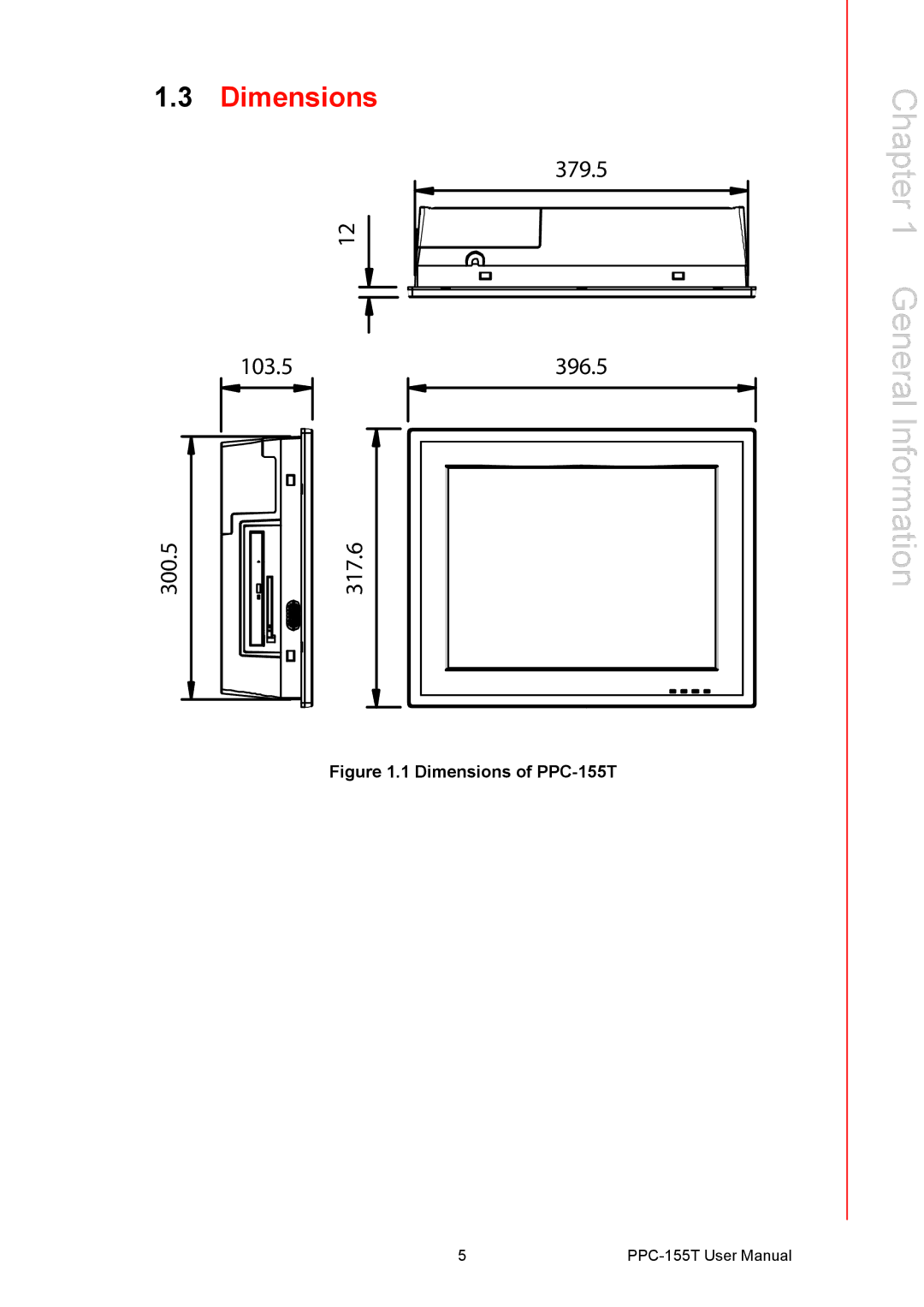 Advantech user manual Dimensions of PPC-155T 