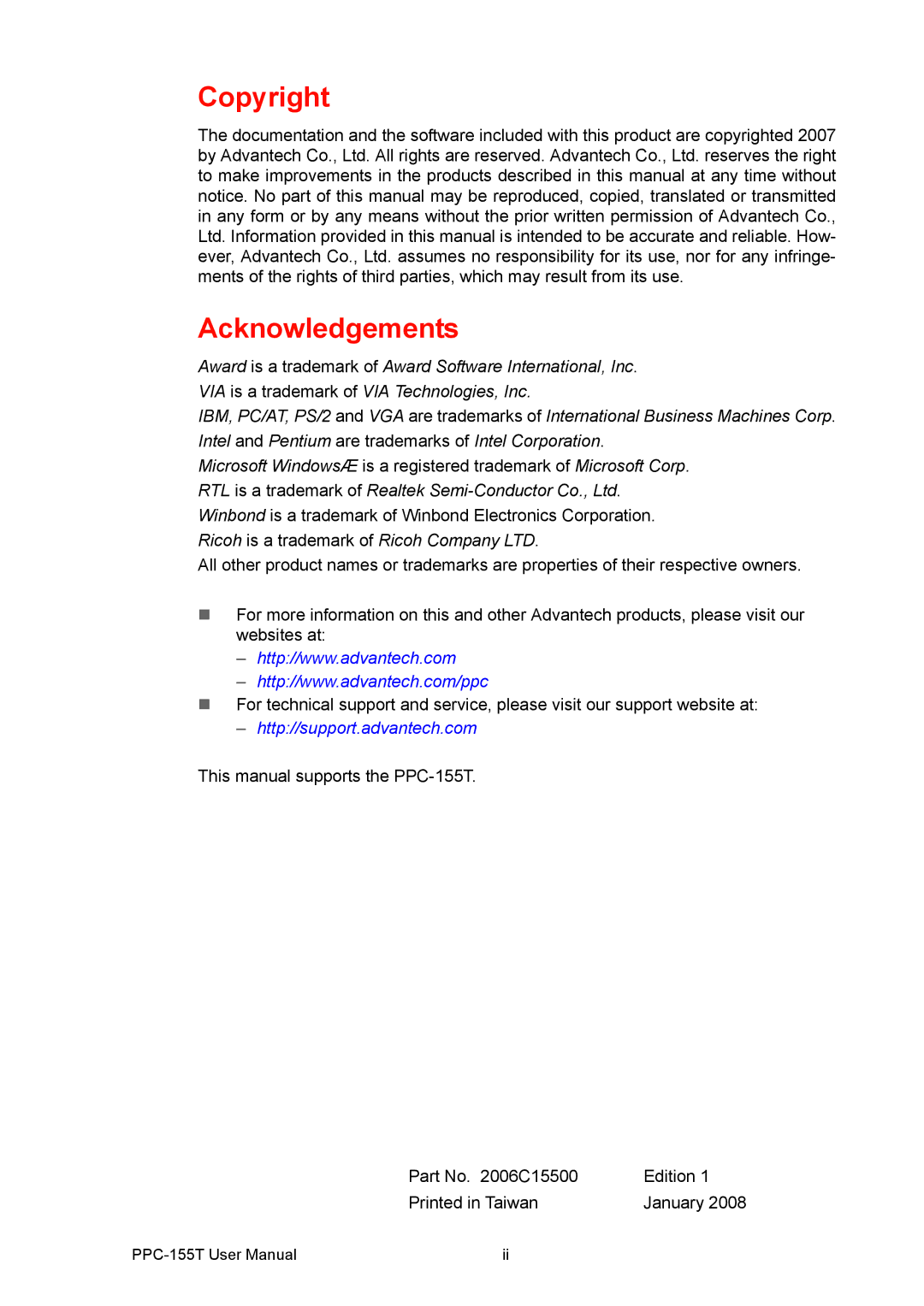 Advantech PPC-155T user manual Copyright Acknowledgements 