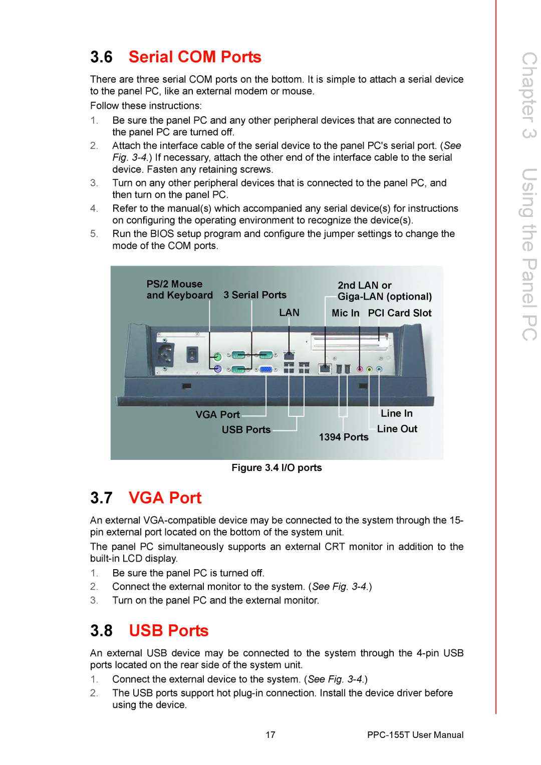 Advantech PPC-155T user manual Serial COM Ports, VGA Port, USB Ports 