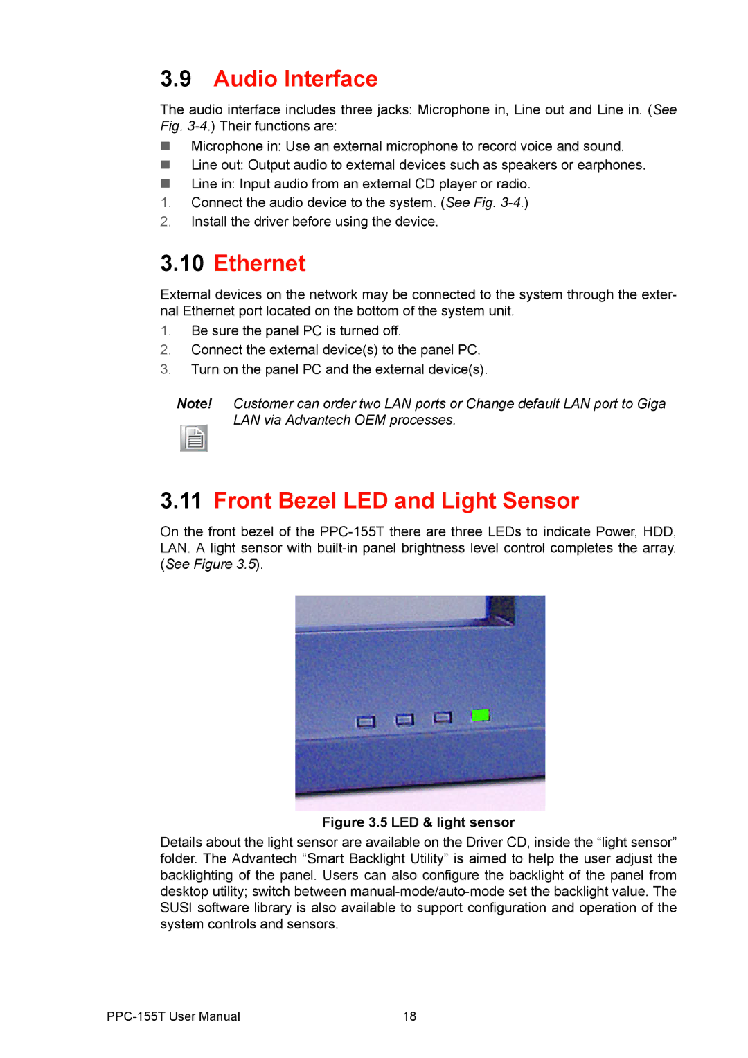 Advantech PPC-155T user manual Audio Interface, Ethernet, Front Bezel LED and Light Sensor 