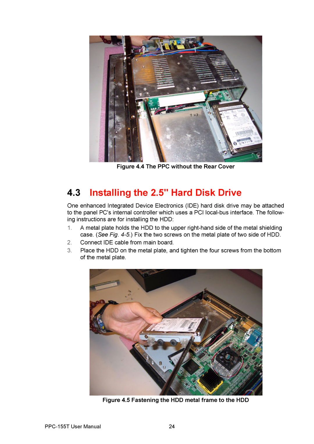 Advantech PPC-155T user manual Installing the 2.5 Hard Disk Drive, PPC without the Rear Cover 