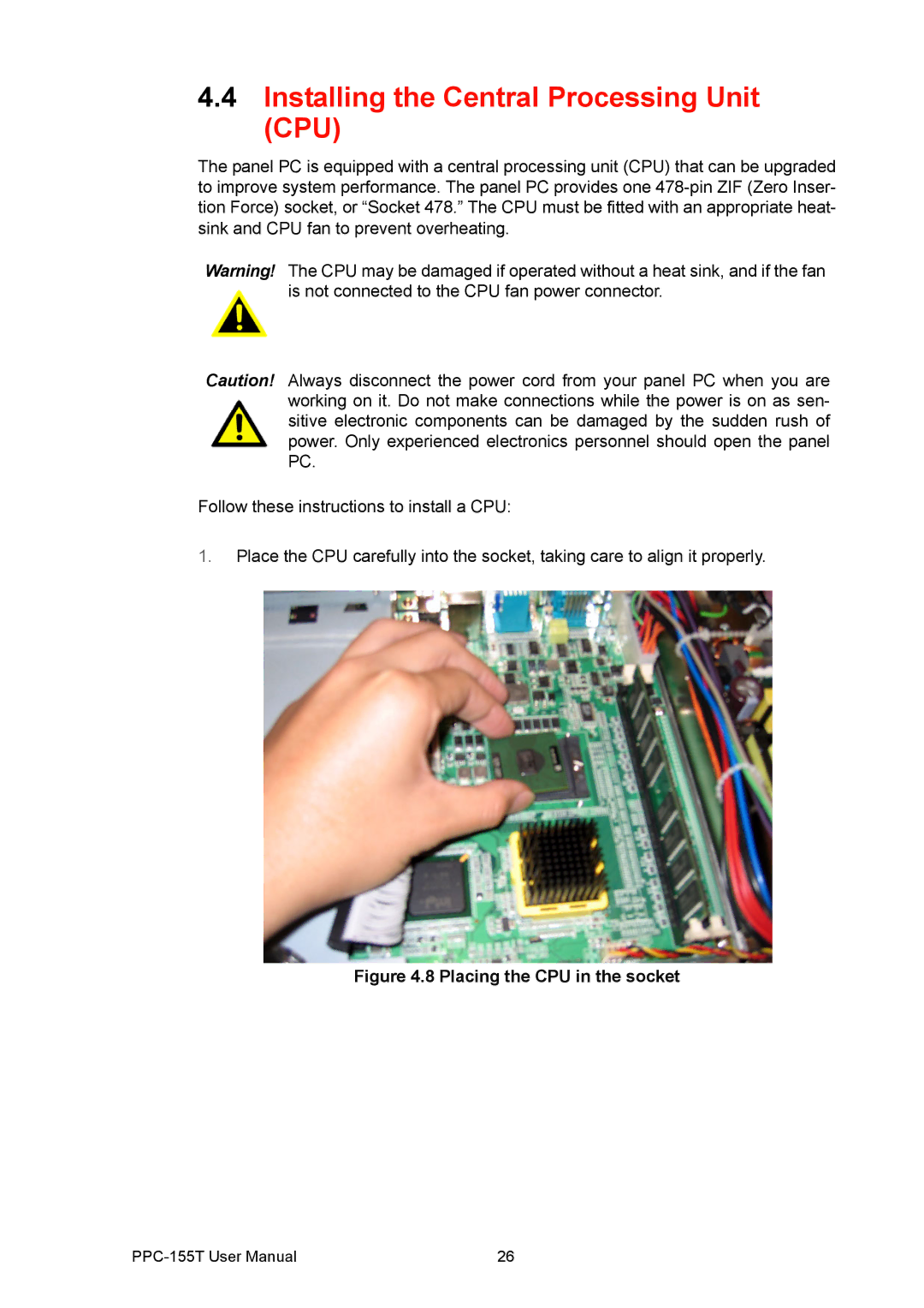 Advantech PPC-155T user manual Installing the Central Processing Unit CPU, Placing the CPU in the socket 