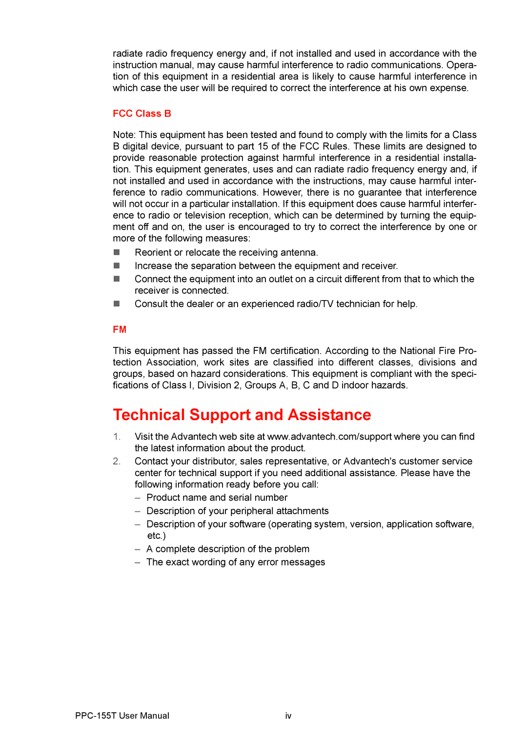 Advantech PPC-155T user manual Technical Support and Assistance, FCC Class B 