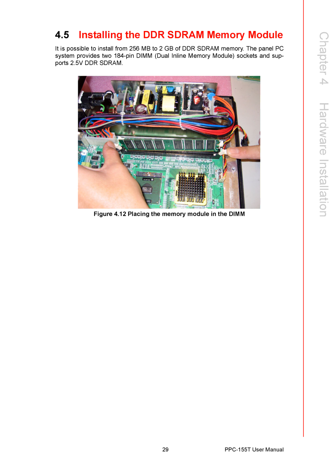 Advantech PPC-155T user manual Installing the DDR Sdram Memory Module, Placing the memory module in the Dimm 