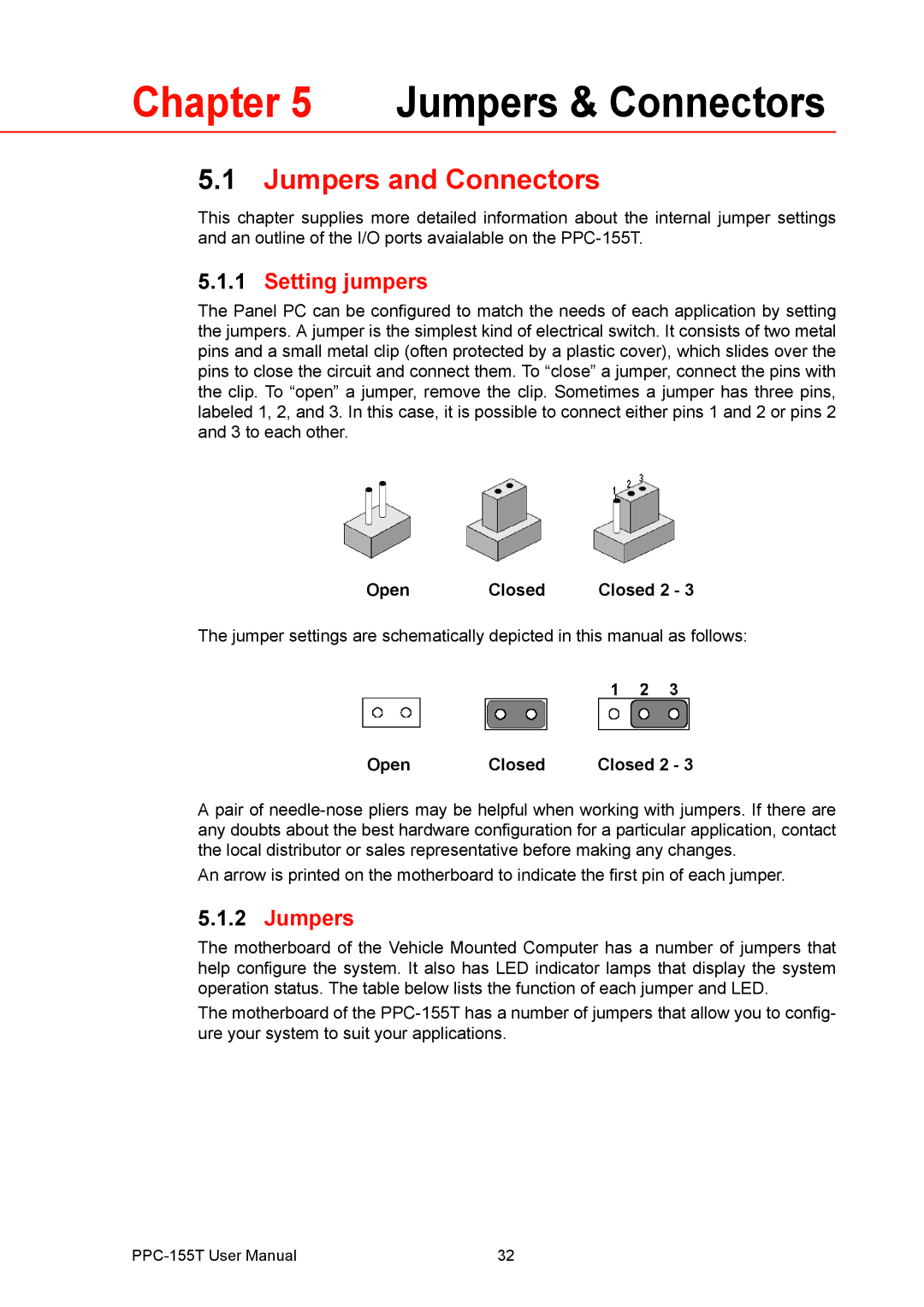 Advantech PPC-155T user manual Jumpers & Connectors, Setting jumpers 