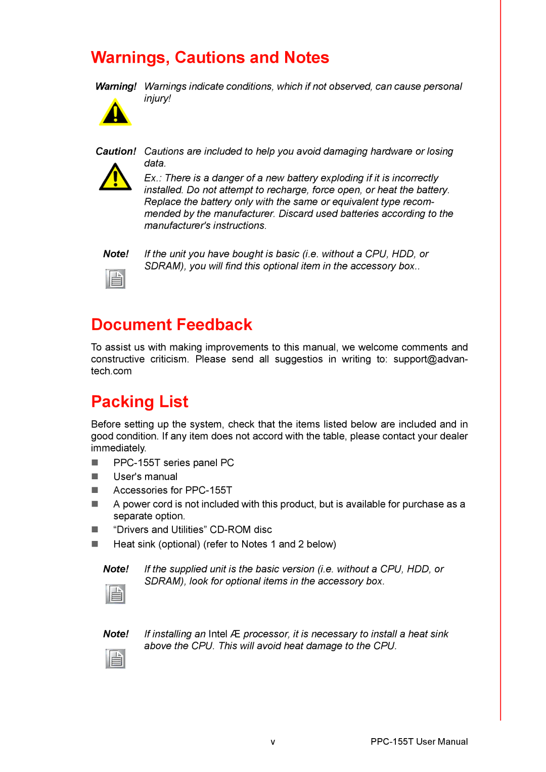 Advantech PPC-155T user manual Document Feedback, Packing List 