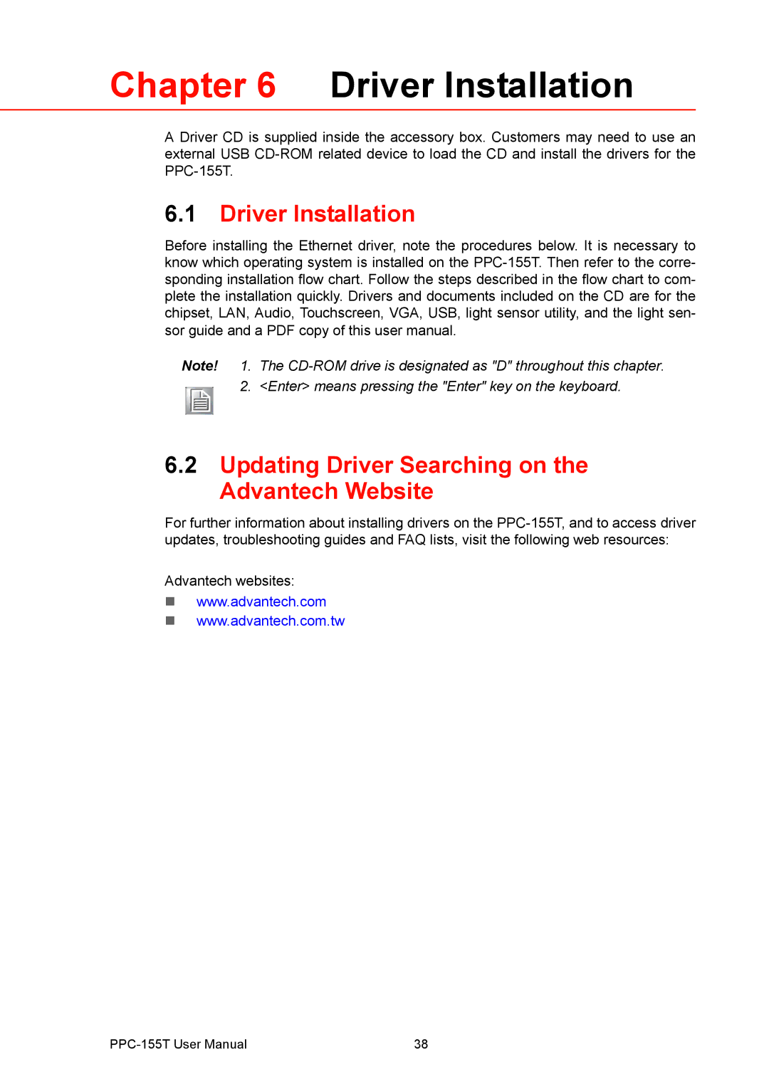 Advantech PPC-155T user manual Driver Installation, Updating Driver Searching on the Advantech Website 