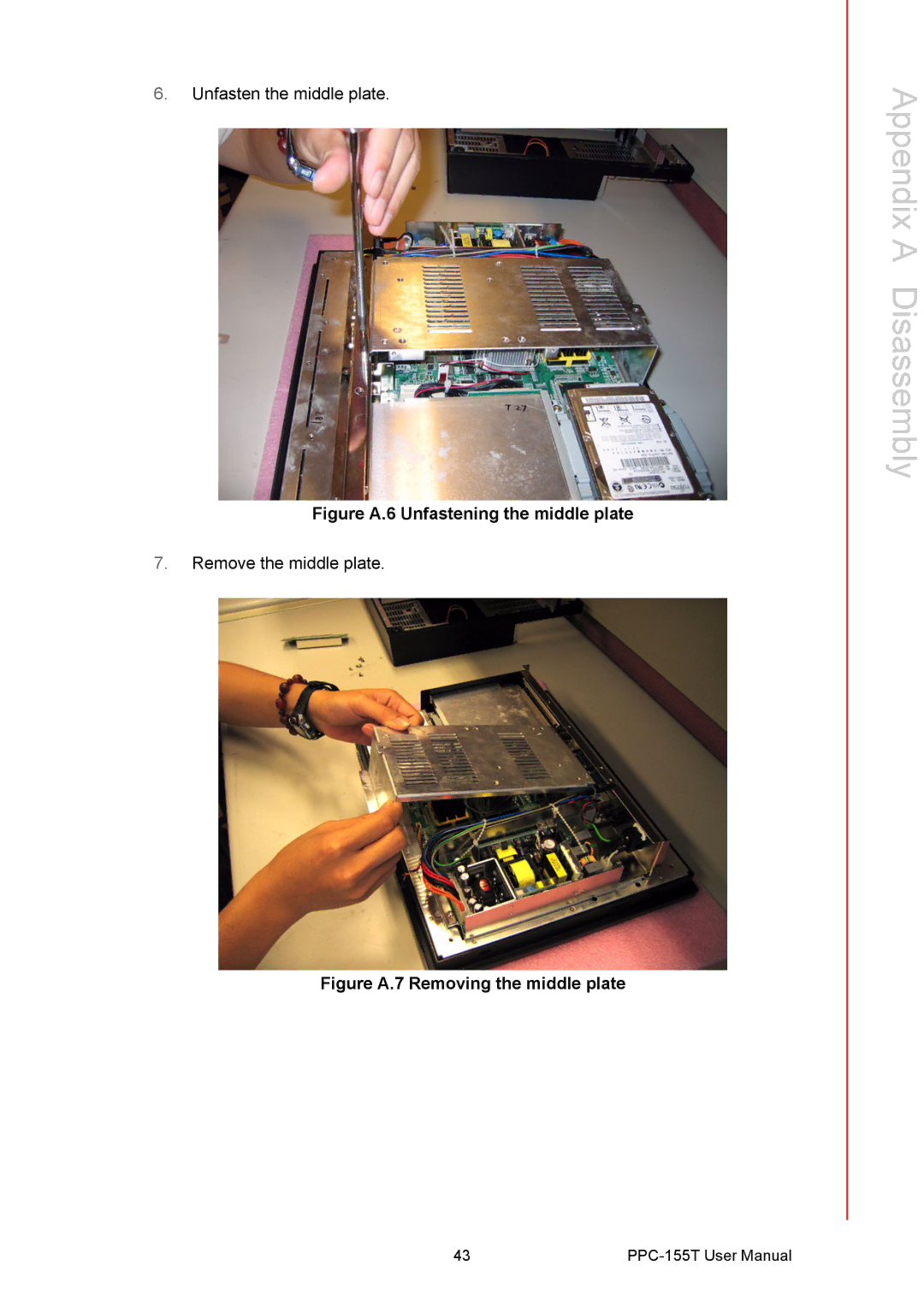 Advantech PPC-155T user manual Figure A.6 Unfastening the middle plate 