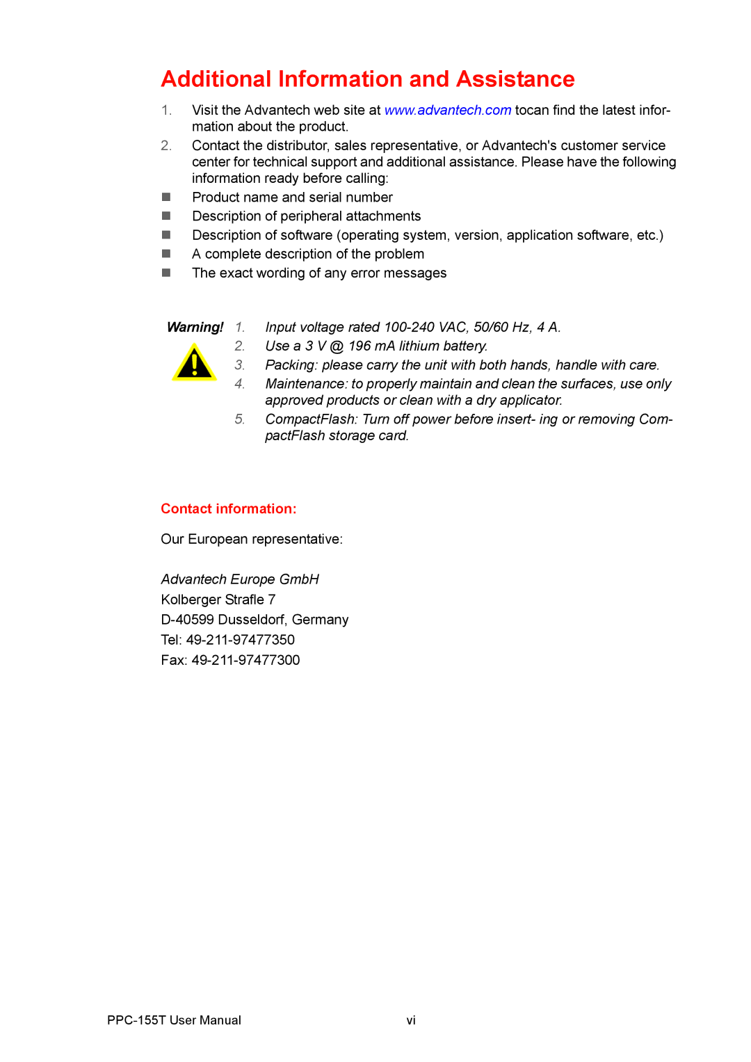 Advantech PPC-155T user manual Additional Information and Assistance, Contact information 