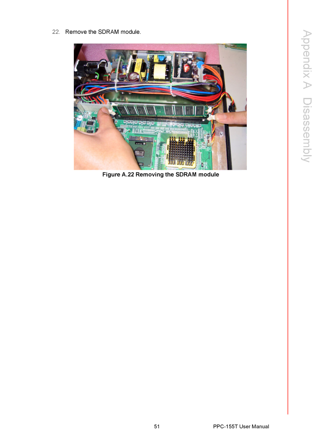 Advantech PPC-155T user manual Figure A.22 Removing the Sdram module 