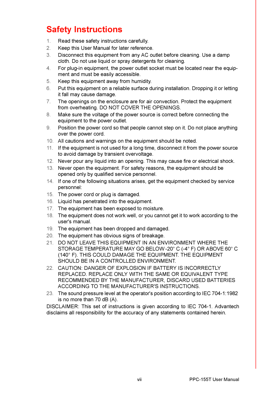 Advantech PPC-155T user manual Safety Instructions 