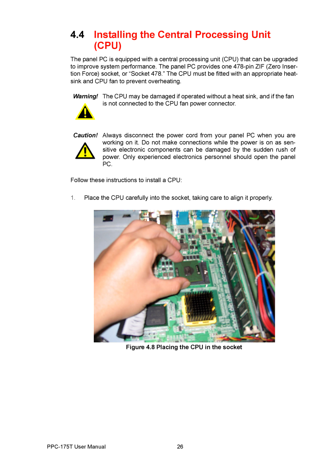 Advantech PPC-175T user manual Installing the Central Processing Unit CPU, Placing the CPU in the socket 