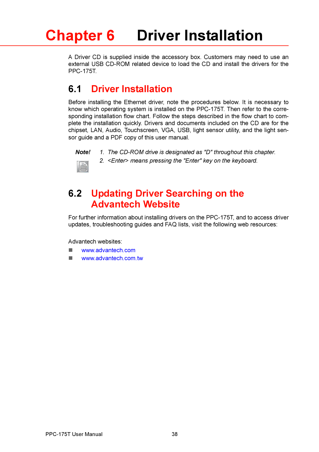 Advantech PPC-175T user manual Driver Installation, Updating Driver Searching on the Advantech Website 