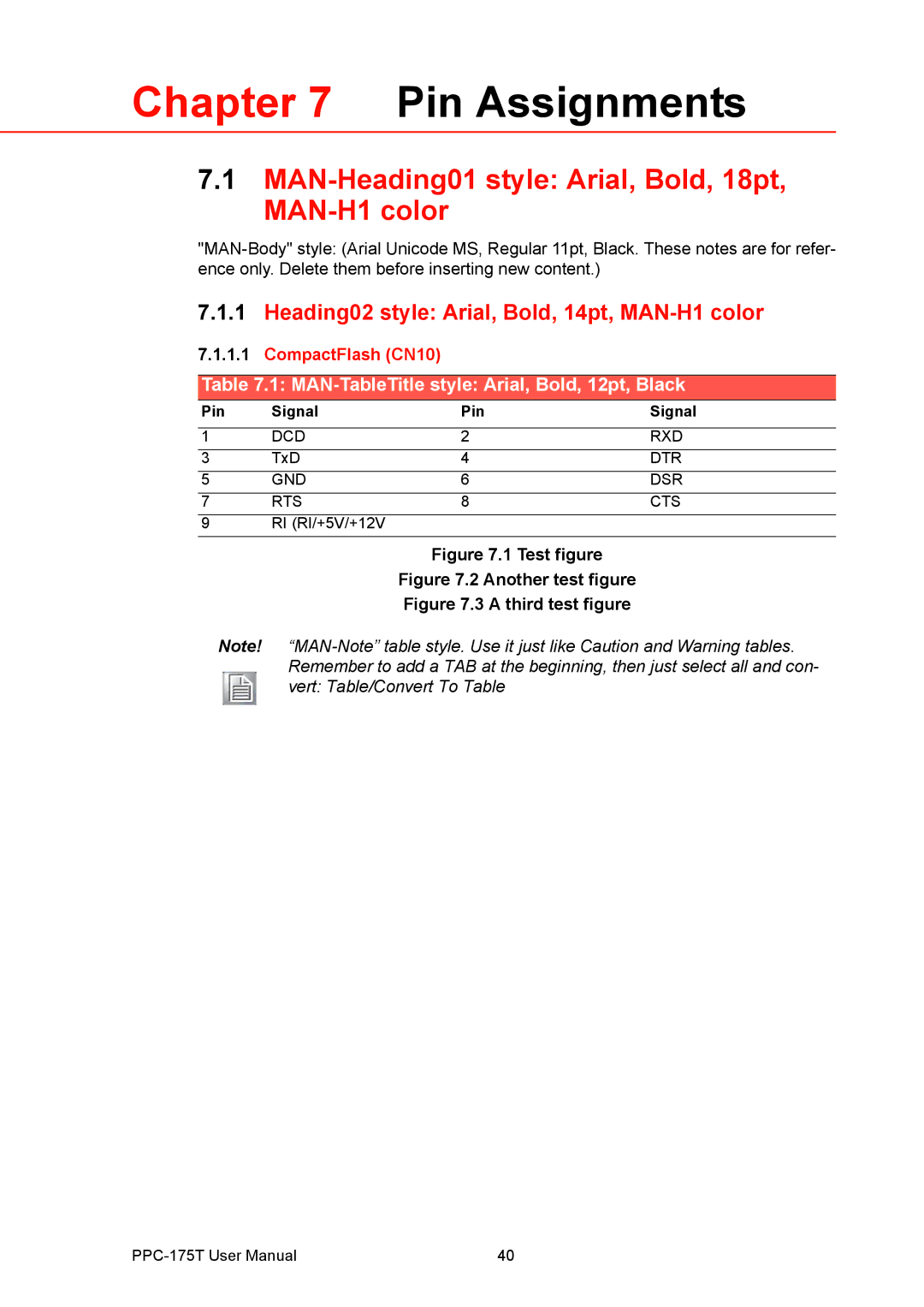 Advantech PPC-175T user manual Pin Assignments, MAN-Heading01 style Arial, Bold, 18pt, MAN-H1 color 