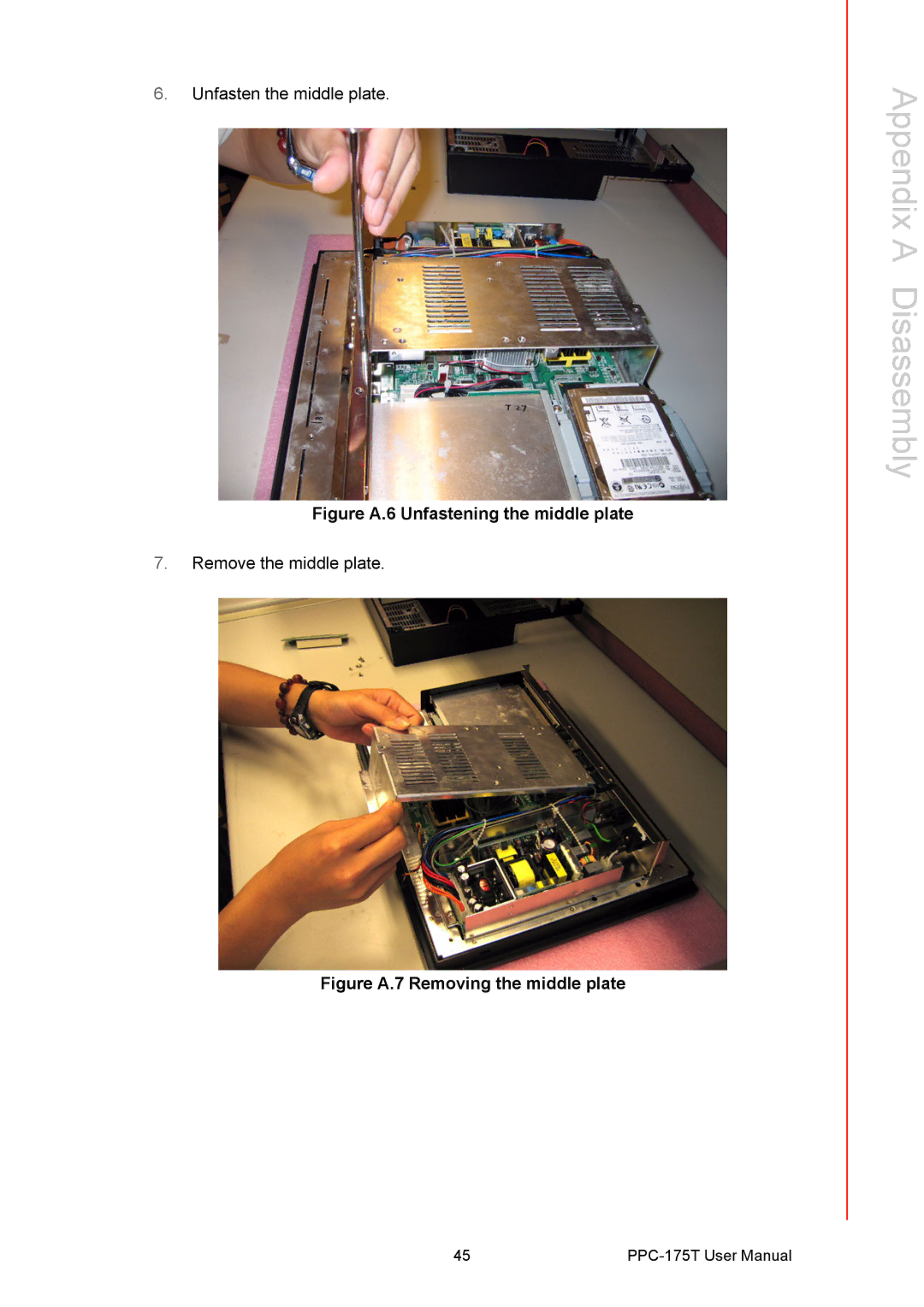 Advantech PPC-175T user manual Figure A.6 Unfastening the middle plate 