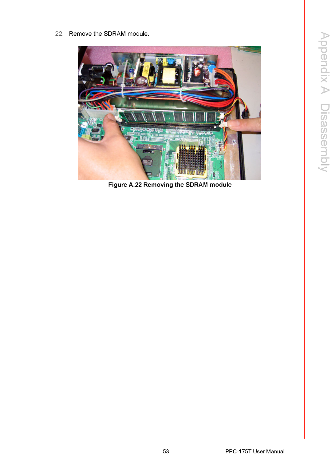 Advantech PPC-175T user manual Figure A.22 Removing the Sdram module 