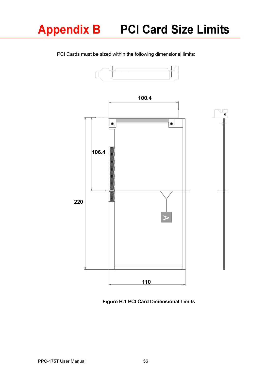 Advantech PPC-175T user manual Appendix B PCI Card Size Limits, Figure B.1 PCI Card Dimensional Limits 