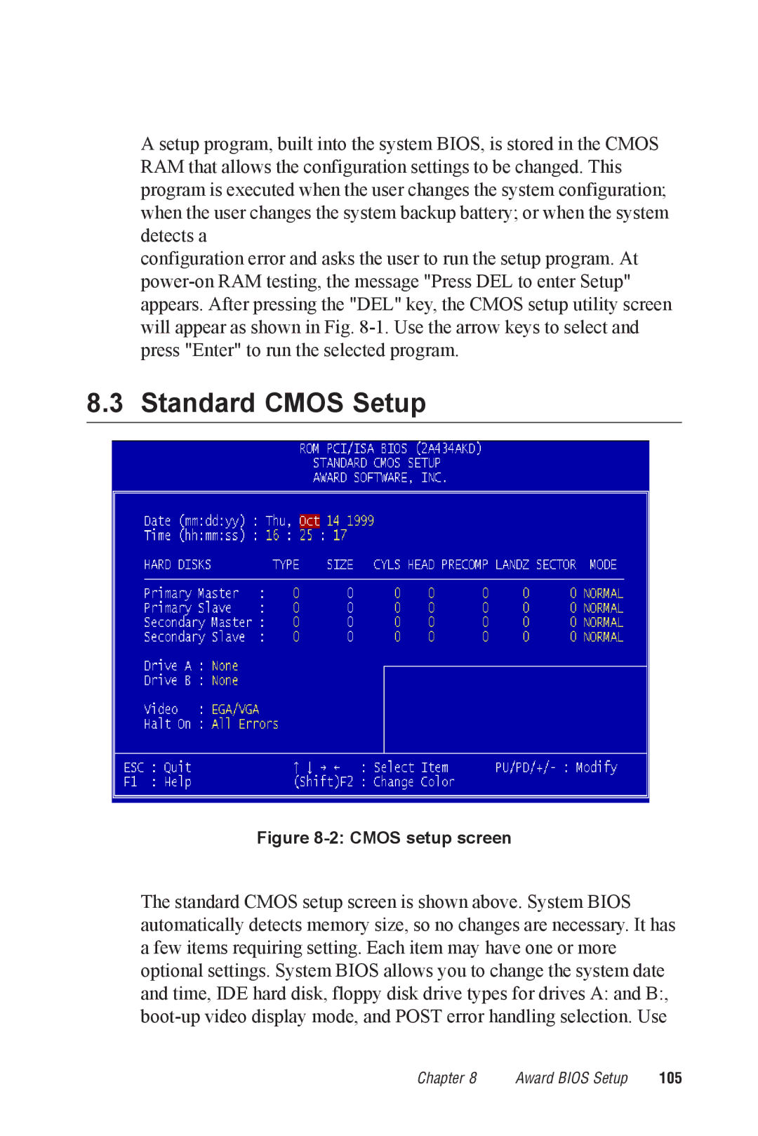 Advantech PPC-A84/A120-X5X user manual Standard Cmos Setup, Cmos setup screen 