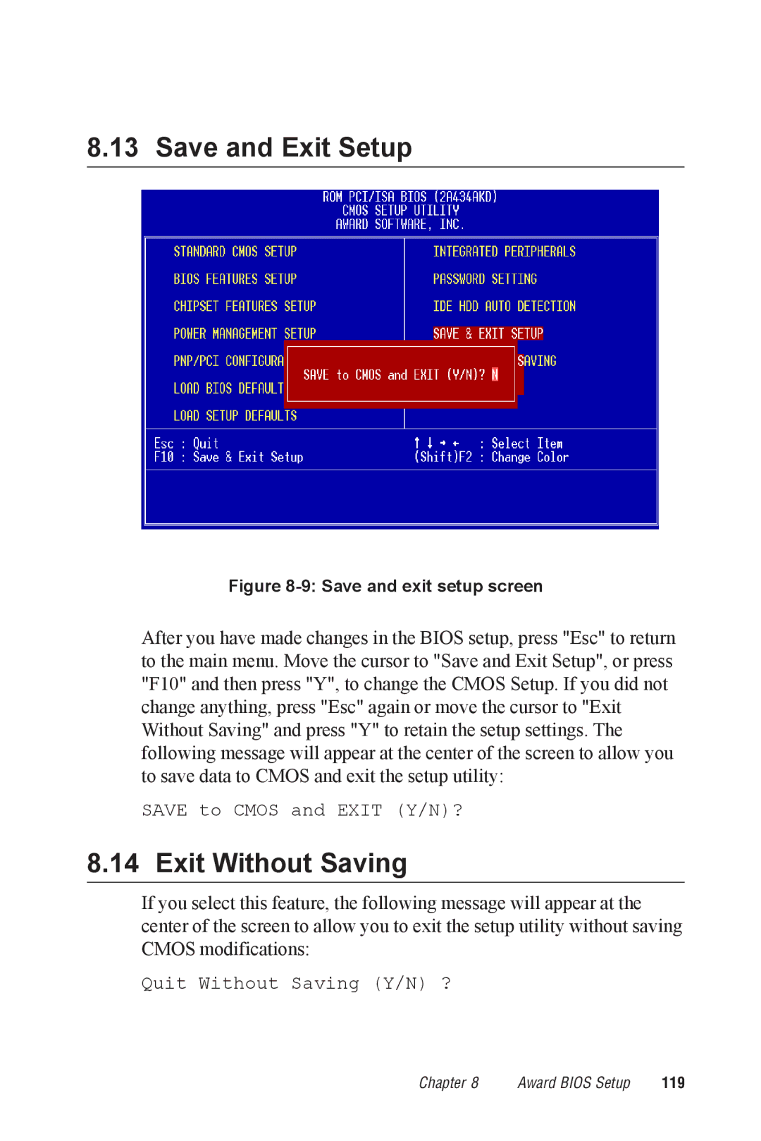 Advantech PPC-A84/A120-X5X user manual Save and Exit Setup, Exit Without Saving 