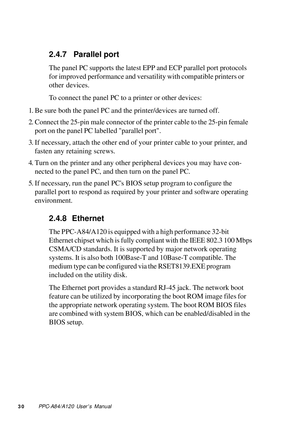 Advantech PPC-A84/A120-X5X user manual Parallel port, Ethernet 
