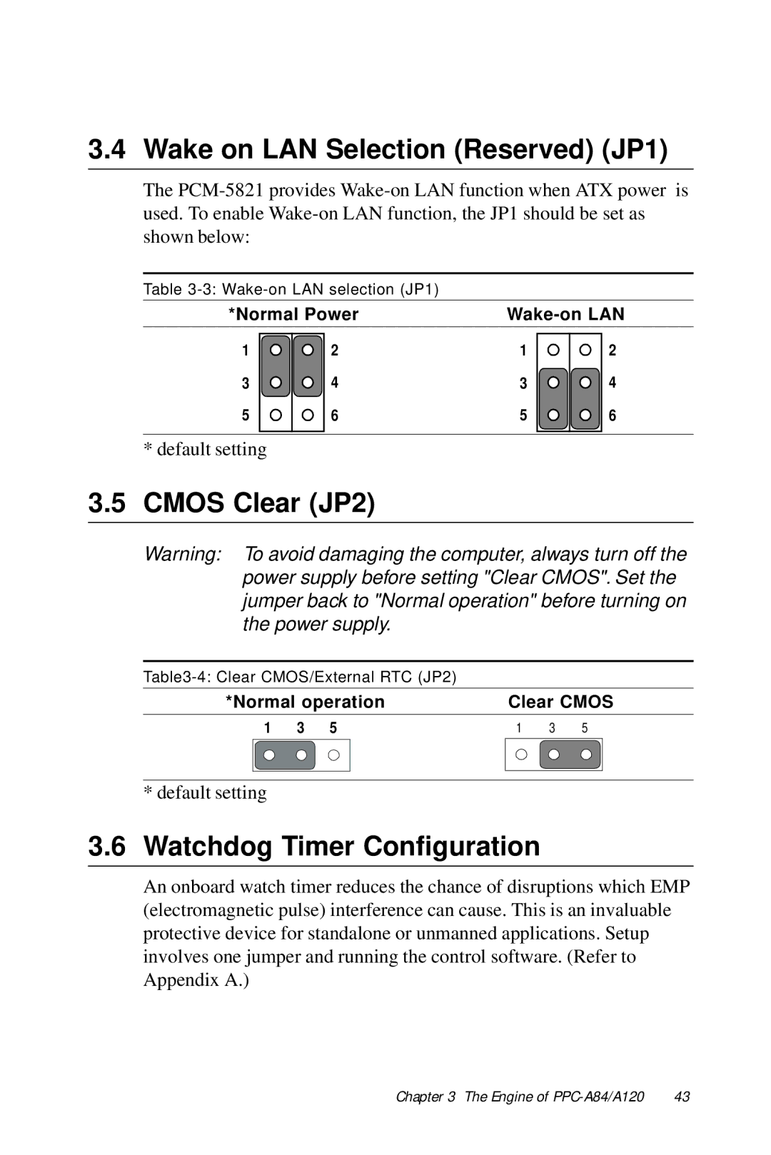 Advantech PPC-A84/A120-X5X user manual Wake on LAN Selection Reserved JP1, Cmos Clear JP2, Watchdog Timer Configuration 