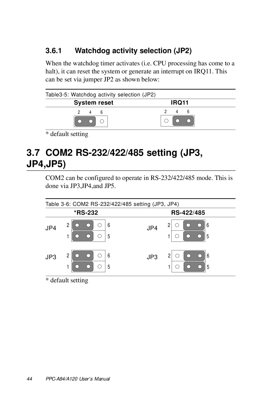 Advantech PPC-A84/A120-X5X user manual COM2 RS-232/422/485 setting JP3, JP4,JP5, Watchdog activity selection JP2 