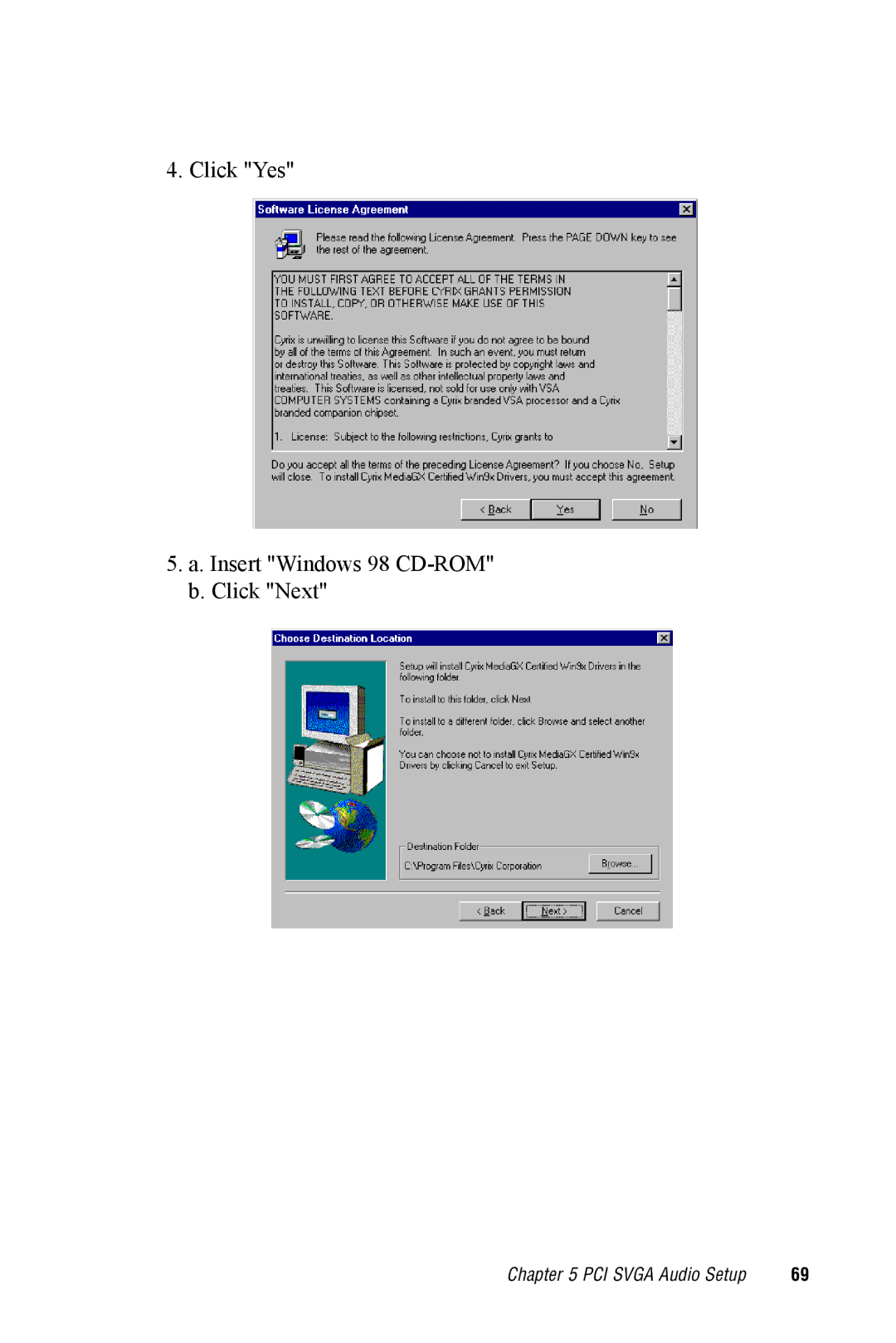 Advantech PPC-A84/A120-X5X user manual Click Yes Insert Windows 98 CD-ROM b. Click Next 