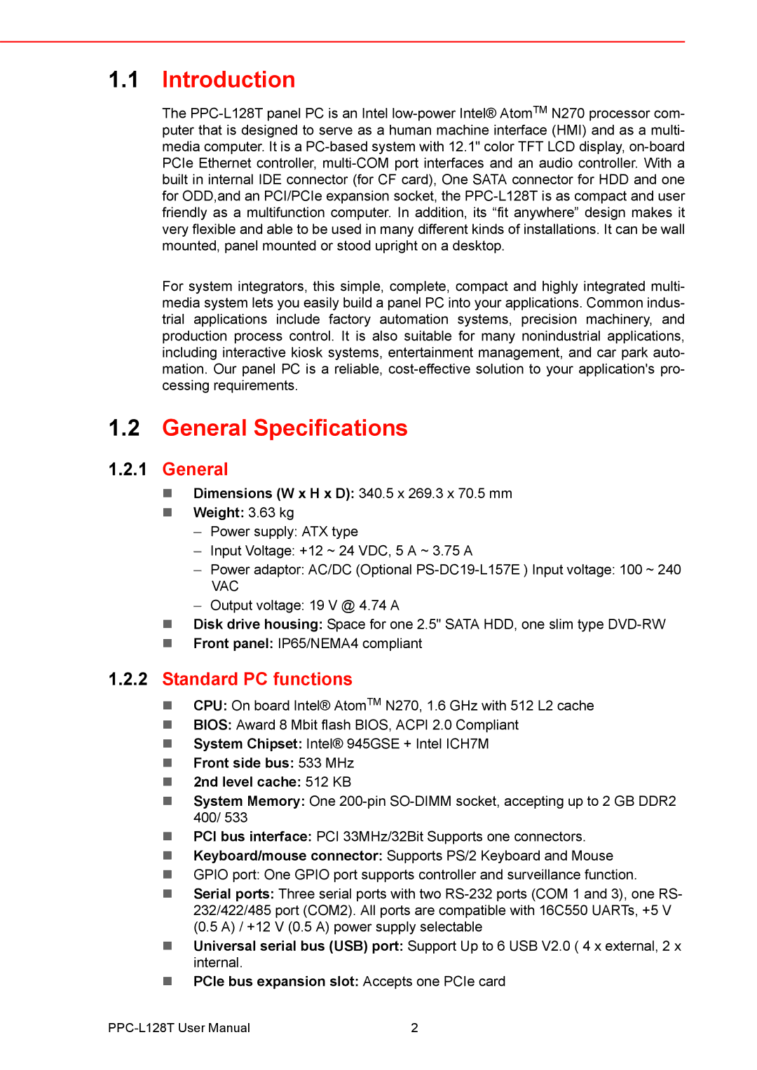 Advantech PPC-L128T user manual Introduction, General Specifications, Standard PC functions 