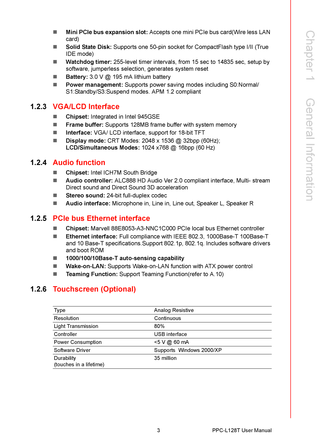 Advantech PPC-L128T user manual 3 VGA/LCD Interface, Audio function, PCIe bus Ethernet interface, Touchscreen Optional 