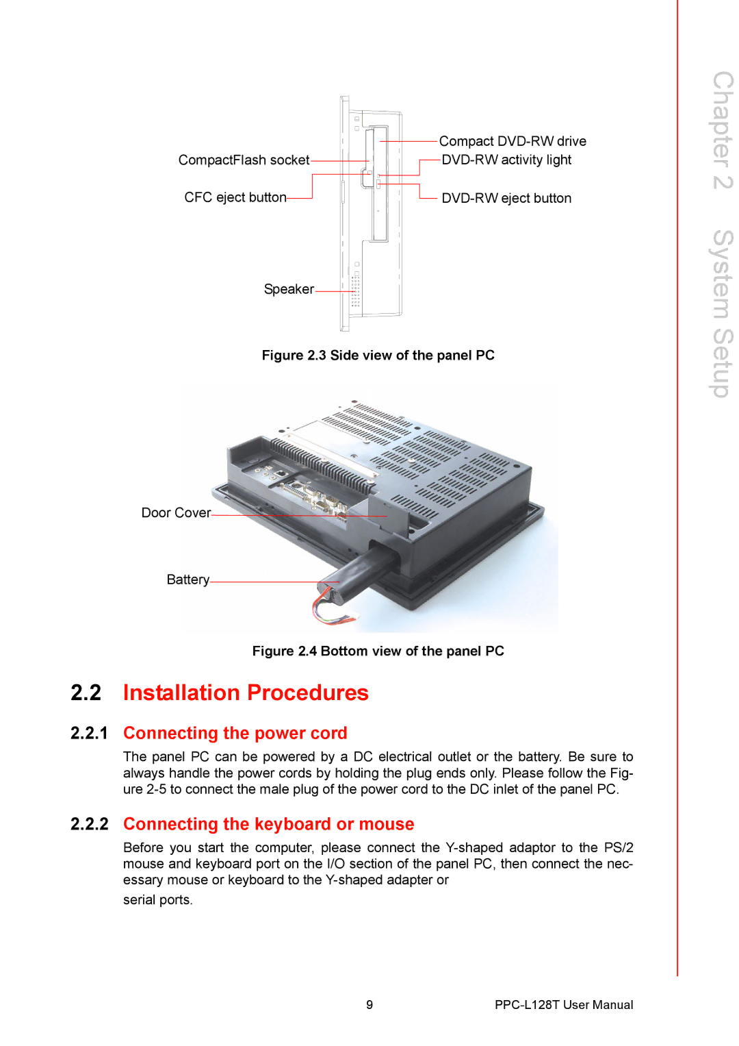 Advantech PPC-L128T user manual Installation Procedures, Connecting the power cord, Connecting the keyboard or mouse 