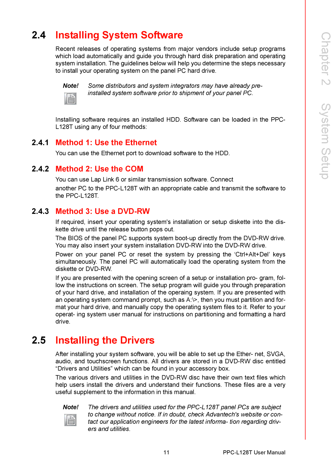 Advantech PPC-L128T Installing System Software, Installing the Drivers, Method 1 Use the Ethernet, Method 2 Use the COM 