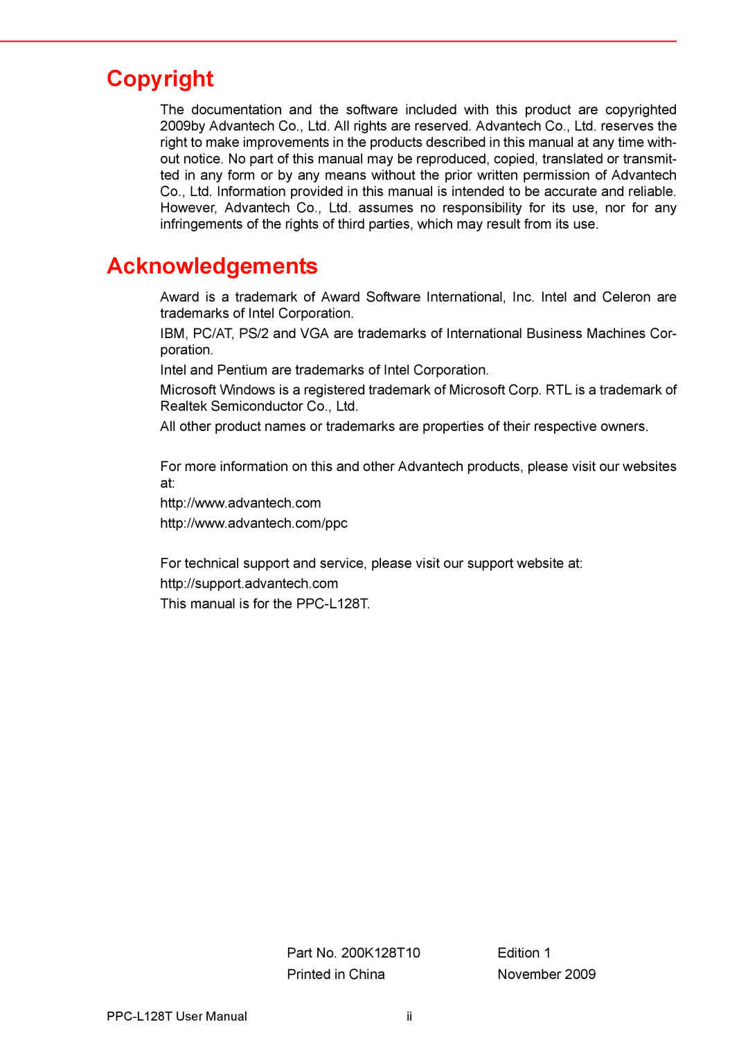 Advantech PPC-L128T user manual Copyright Acknowledgements 