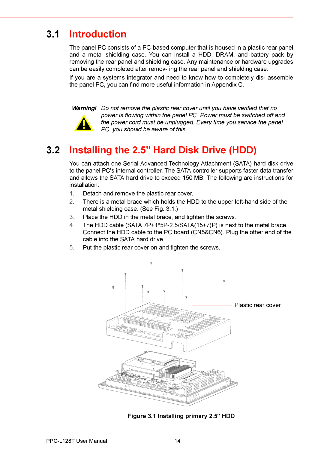 Advantech PPC-L128T user manual Installing the 2.5 Hard Disk Drive HDD, Installing primary 2.5 HDD 