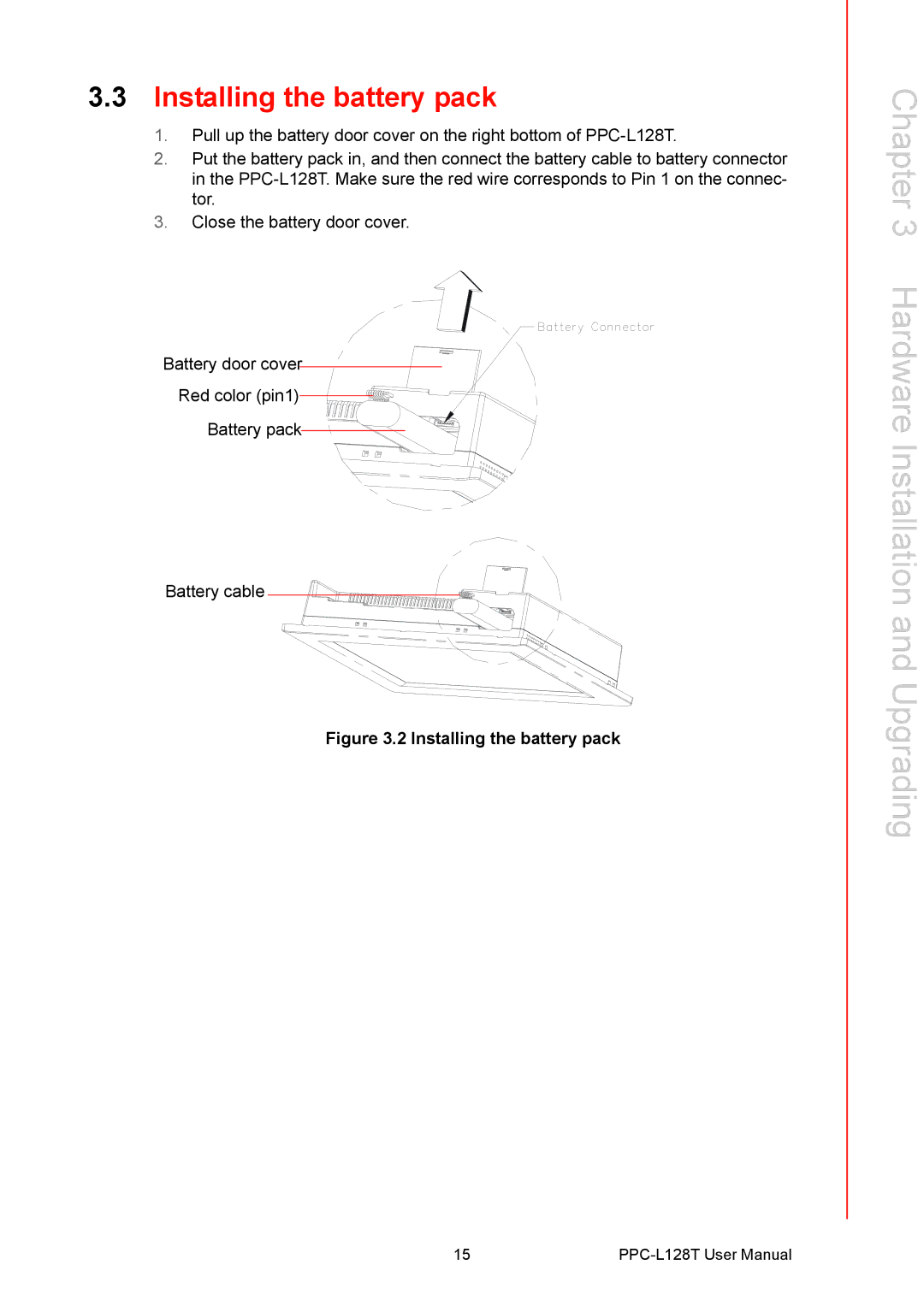 Advantech PPC-L128T user manual Installing the battery pack 