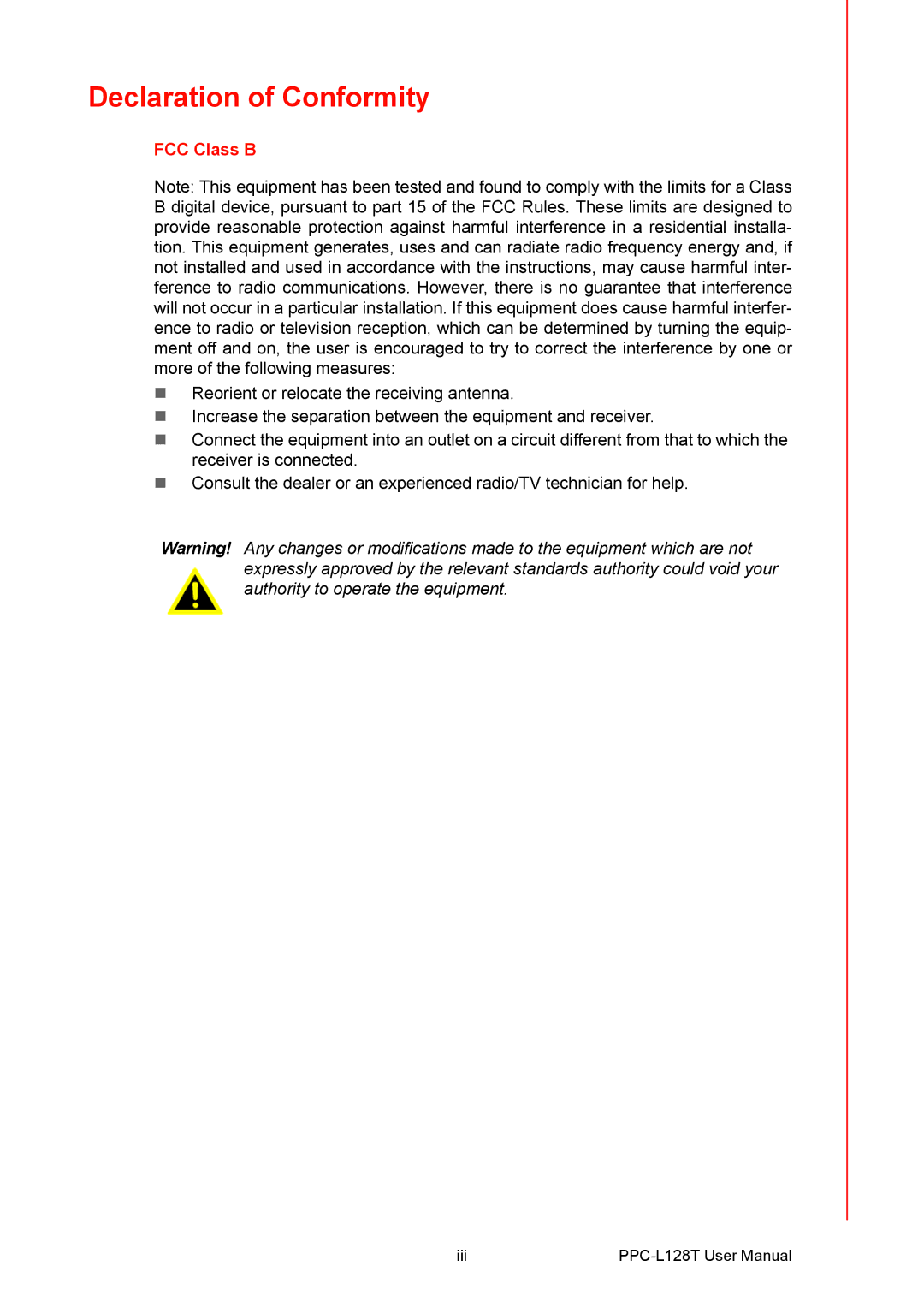 Advantech PPC-L128T user manual Declaration of Conformity, FCC Class B 