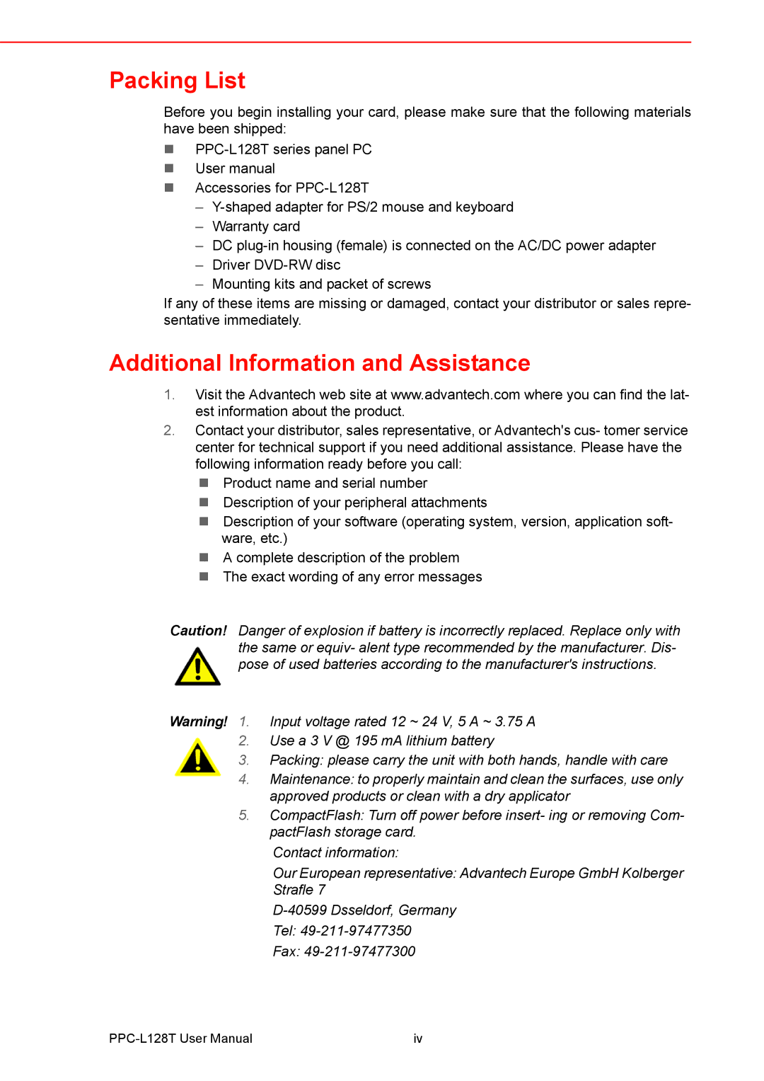 Advantech PPC-L128T user manual Packing List, Additional Information and Assistance 