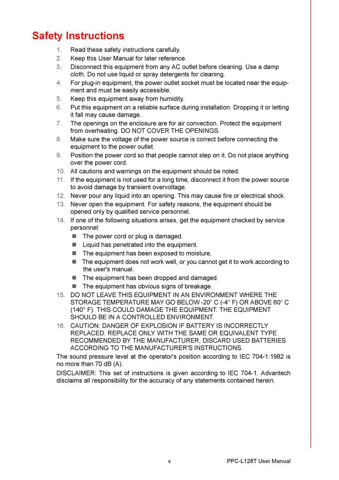 Advantech PPC-L128T user manual Safety Instructions 