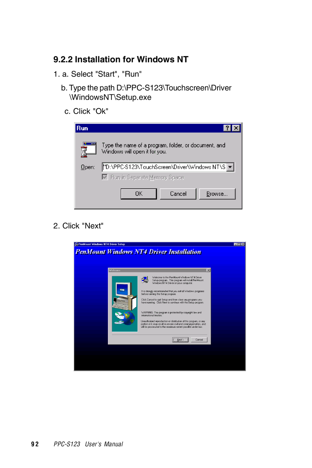 Advantech PPC-S123 manual Installation for Windows NT 