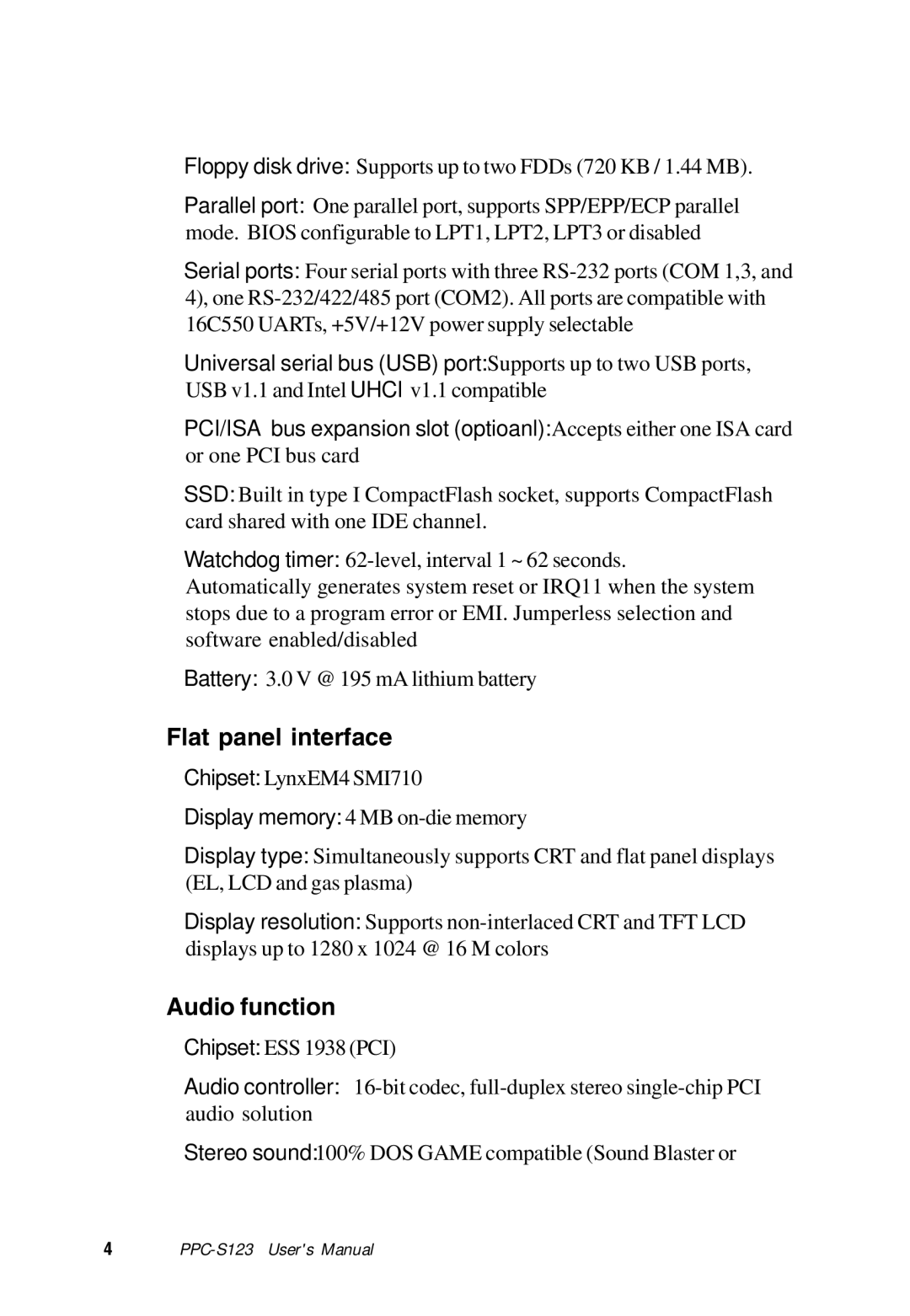 Advantech PPC-S123 manual Flat panel interface, Audio function 